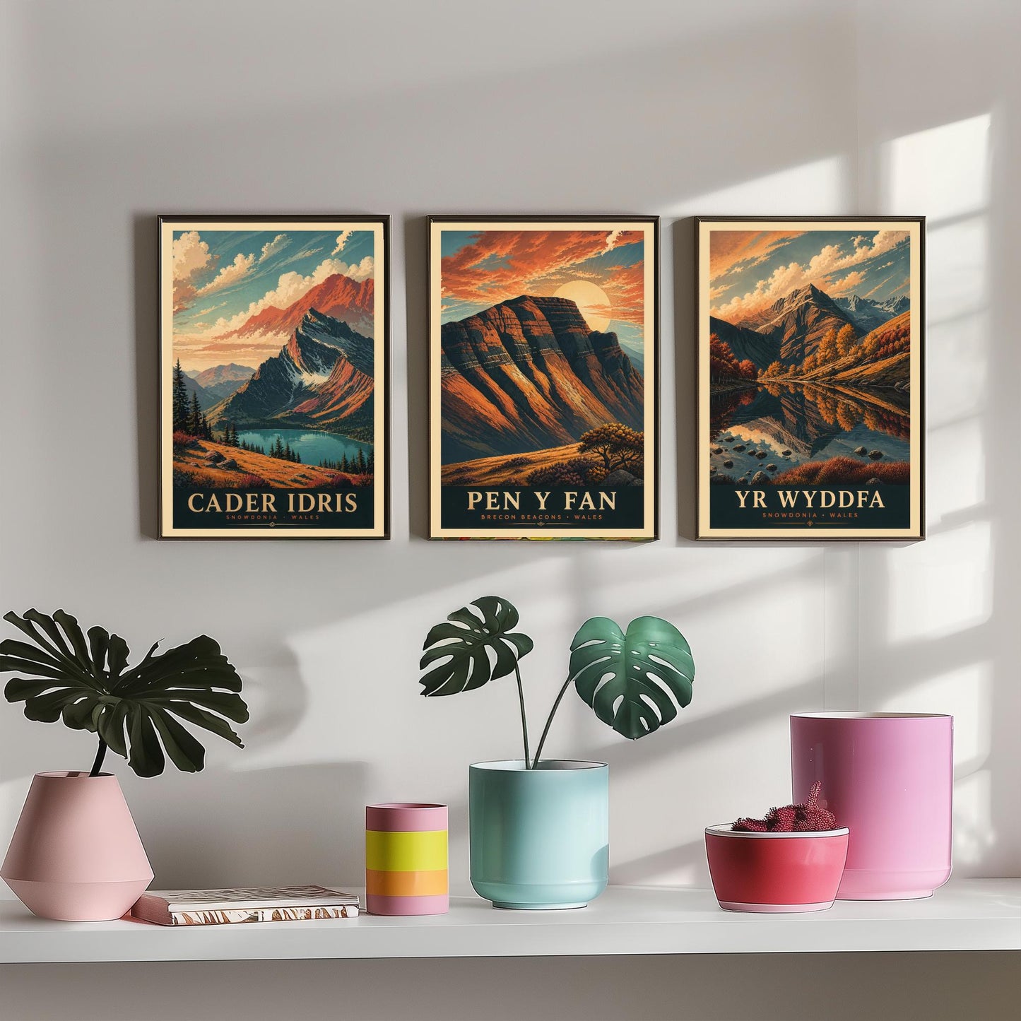 Peaks of Wales Set of Three Travel Posters - Cader Idris, Pen y Fan, Yr Wyddfa - 3 Detailed Autumn Mountain Art Prints - Painting V3