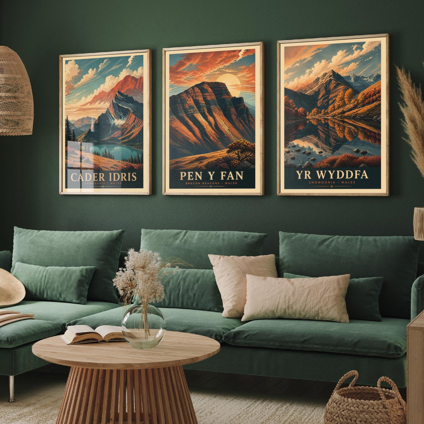 Peaks of Wales Set of Three Travel Posters - Cader Idris, Pen y Fan, Yr Wyddfa - 3 Detailed Autumn Mountain Art Prints - Painting V3