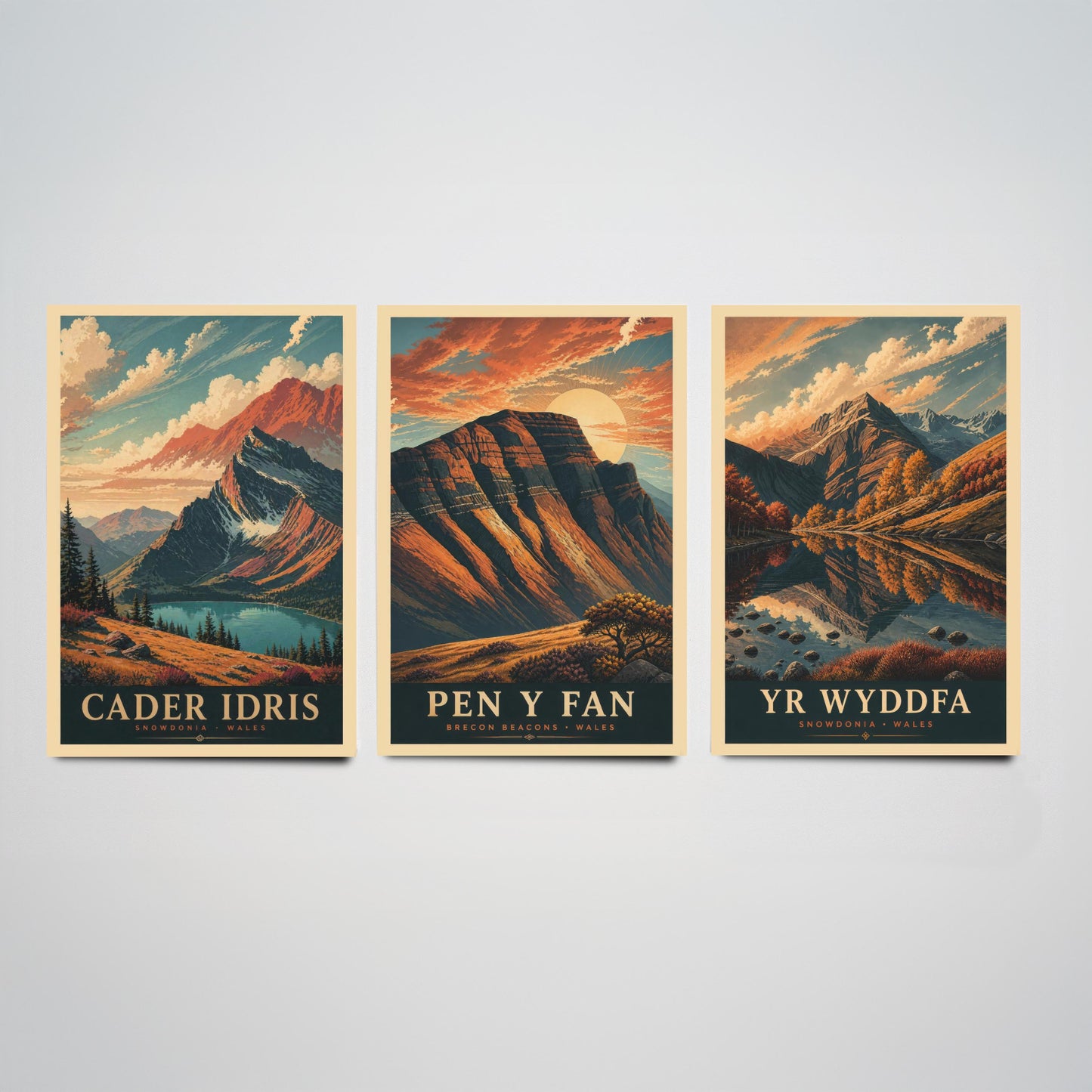 Peaks of Wales Set of Three Travel Posters - Cader Idris, Pen y Fan, Yr Wyddfa - 3 Detailed Autumn Mountain Art Prints - Painting V3