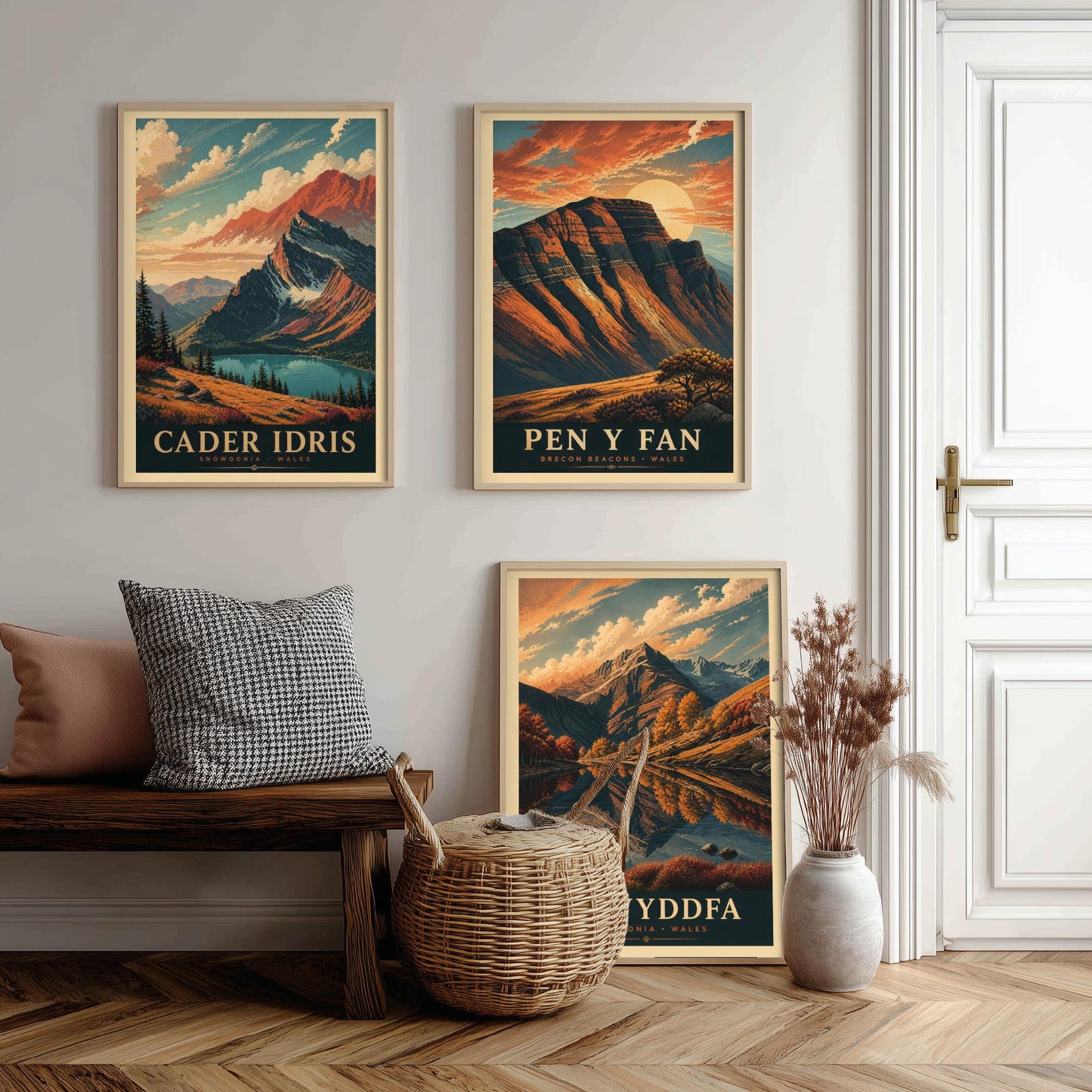 Peaks of Wales Set of Three Travel Posters - Cader Idris, Pen y Fan, Yr Wyddfa - 3 Detailed Autumn Mountain Art Prints - Painting V3
