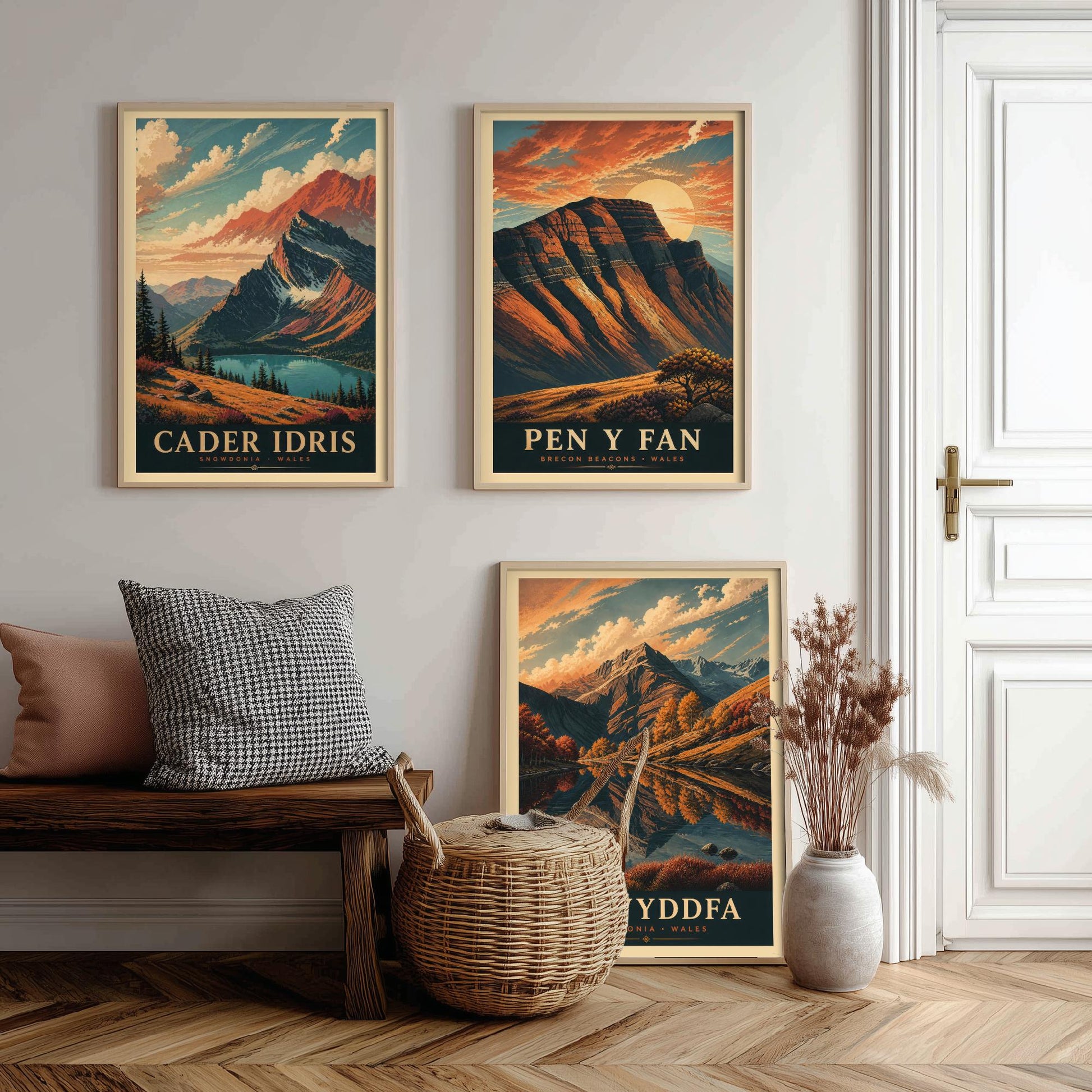 Peaks of Wales Set of Three Travel Posters - Cader Idris, Pen y Fan, Yr Wyddfa - 3 Detailed Autumn Mountain Art Prints - Painting V3
