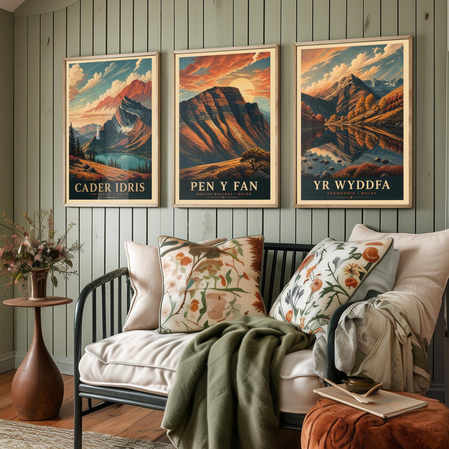 Peaks of Wales Set of Three Travel Posters - Cader Idris, Pen y Fan, Yr Wyddfa - 3 Detailed Autumn Mountain Art Prints - Painting V3