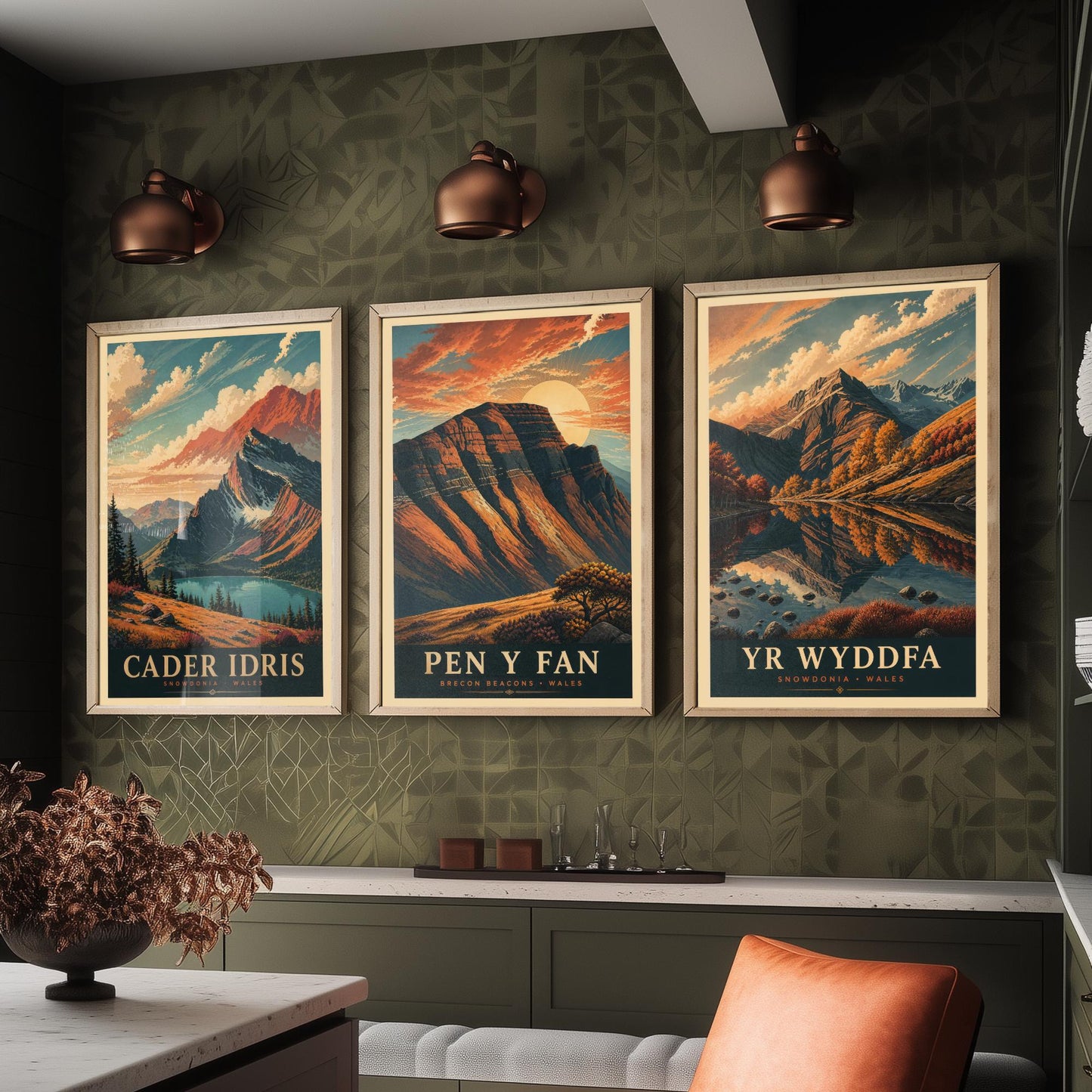 Peaks of Wales Set of Three Travel Posters - Cader Idris, Pen y Fan, Yr Wyddfa - 3 Detailed Autumn Mountain Art Prints - Painting V3