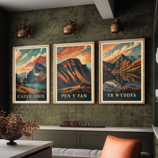 Peaks of Wales Set of Three Travel Posters - Cader Idris, Pen y Fan, Yr Wyddfa - 3 Detailed Autumn Mountain Art Prints - Painting V3
