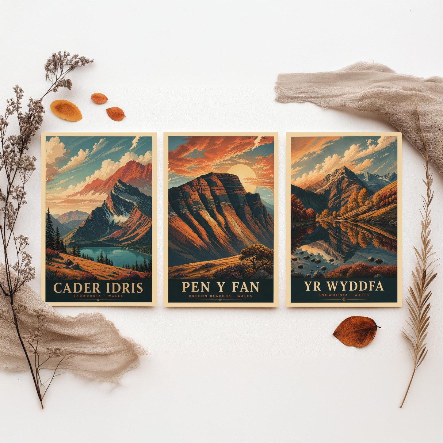 Peaks of Wales Set of Three Travel Posters - Cader Idris, Pen y Fan, Yr Wyddfa - 3 Detailed Autumn Mountain Art Prints - Painting V3