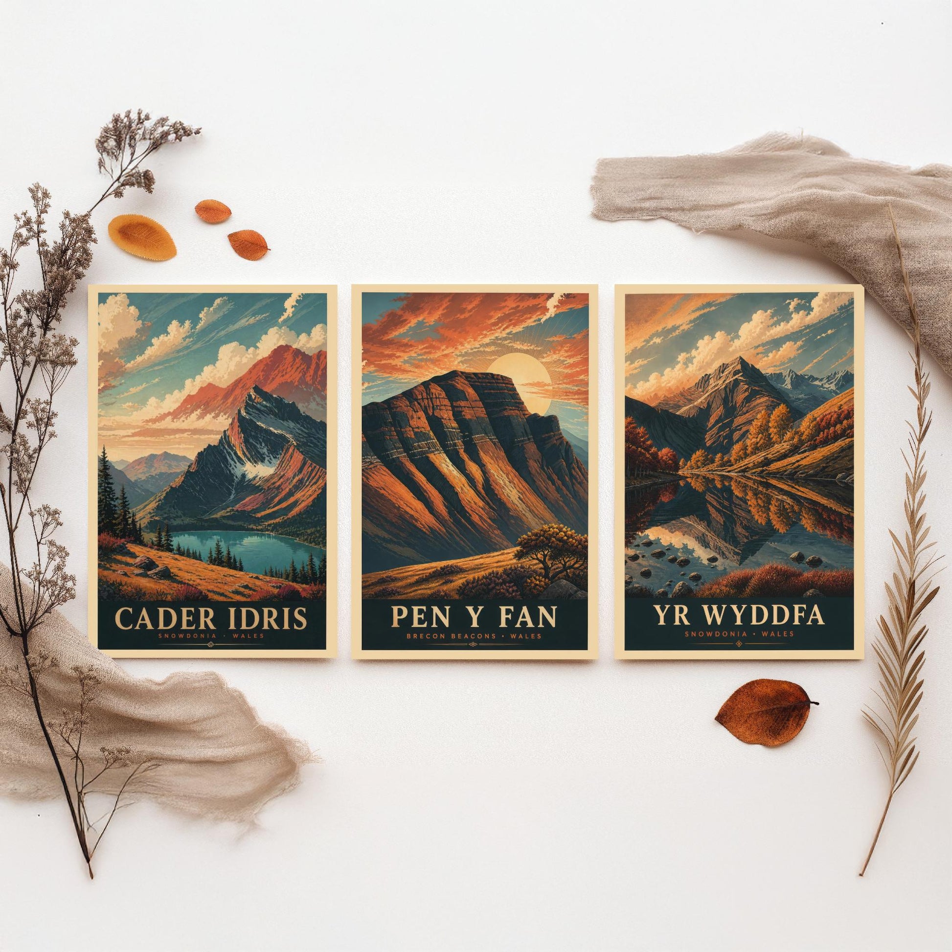 Peaks of Wales Set of Three Travel Posters - Cader Idris, Pen y Fan, Yr Wyddfa - 3 Detailed Autumn Mountain Art Prints - Painting V3