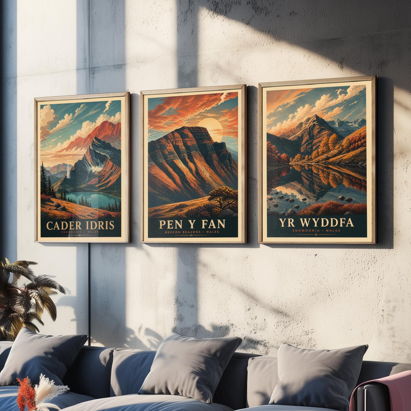 Peaks of Wales Set of Three Travel Posters - Cader Idris, Pen y Fan, Yr Wyddfa - 3 Detailed Autumn Mountain Art Prints - Painting V3