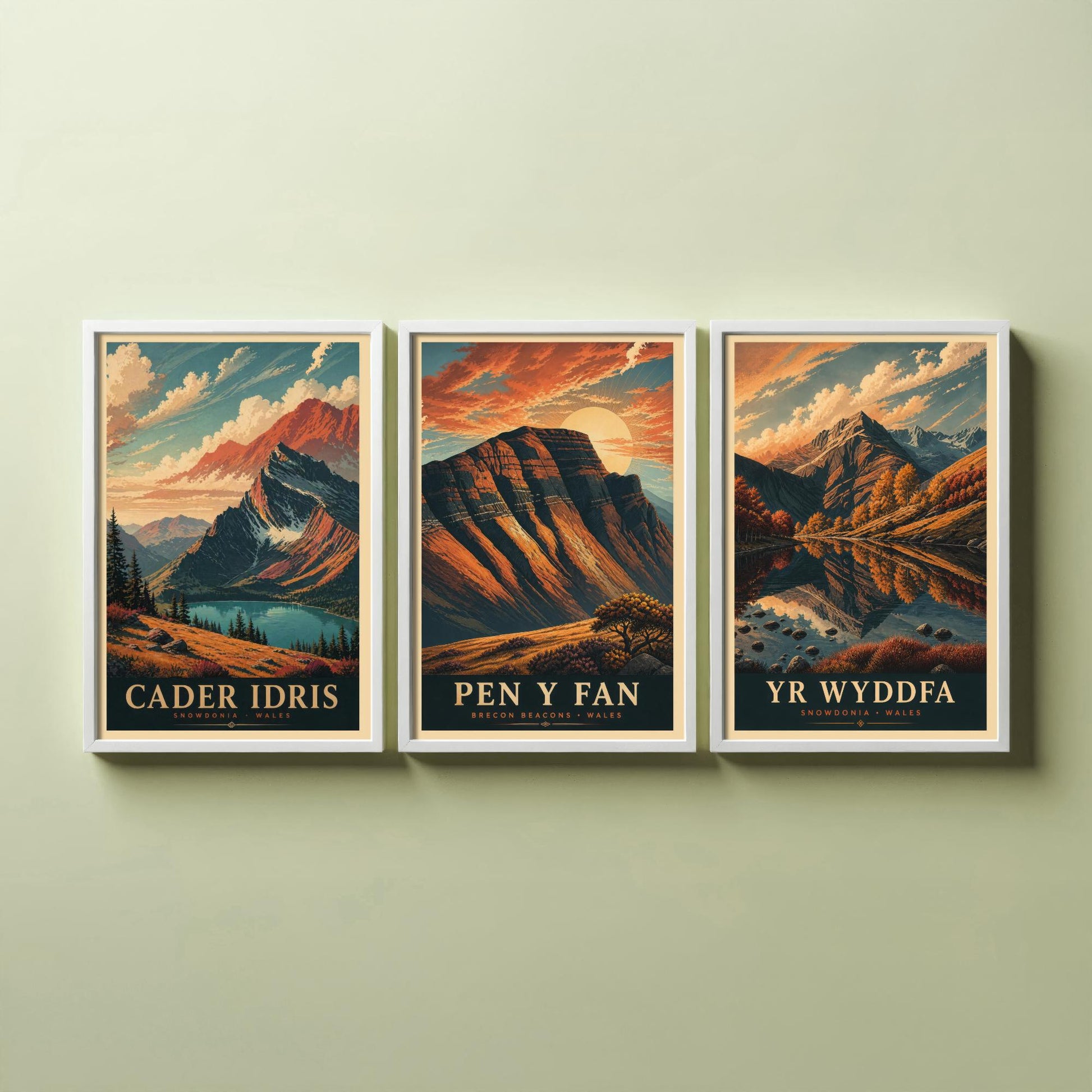 Peaks of Wales Set of Three Travel Posters - Cader Idris, Pen y Fan, Yr Wyddfa - 3 Detailed Autumn Mountain Art Prints - Painting V3