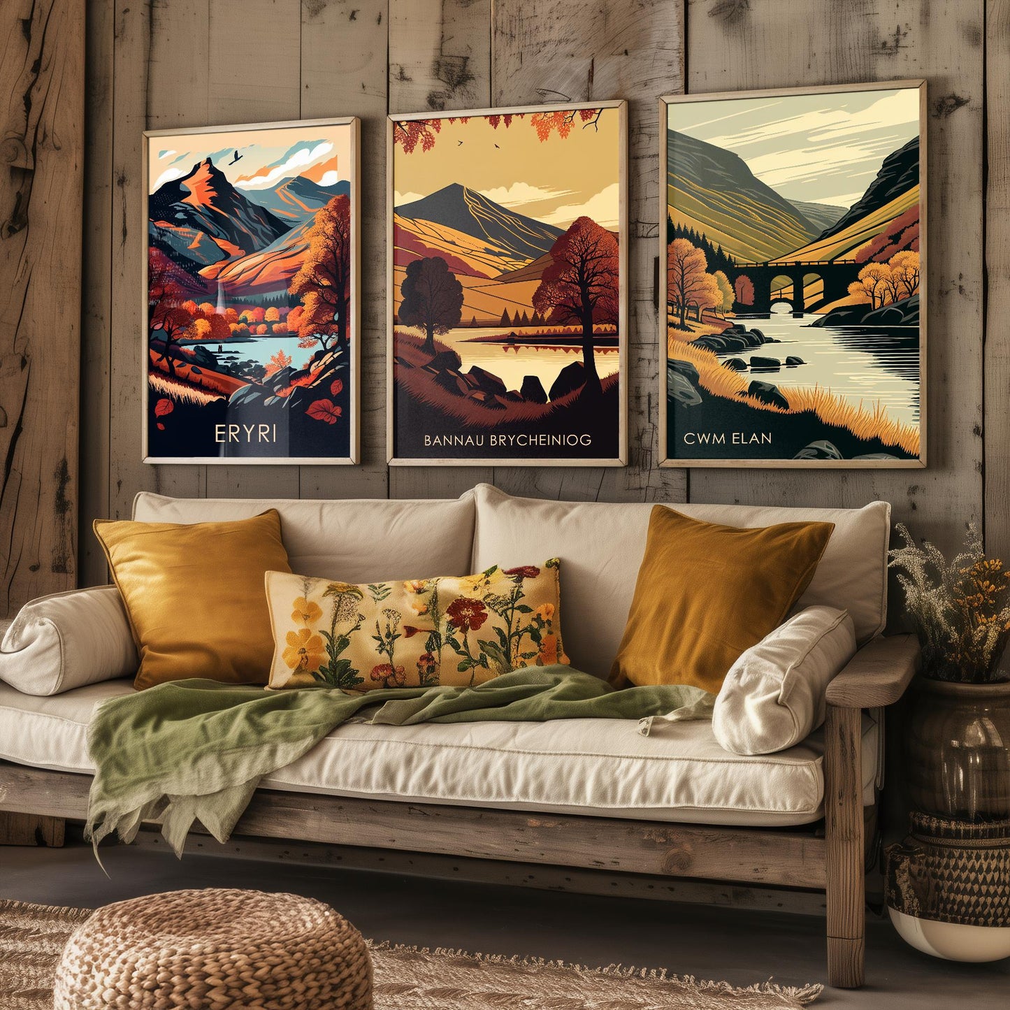 Set of Three Welsh Locations in Autumn Travel Posters (Welsh Names) - Set of 3 Bannau Brycheiniog, Cwm Elan, Eryri Vector Paintings Wall Art