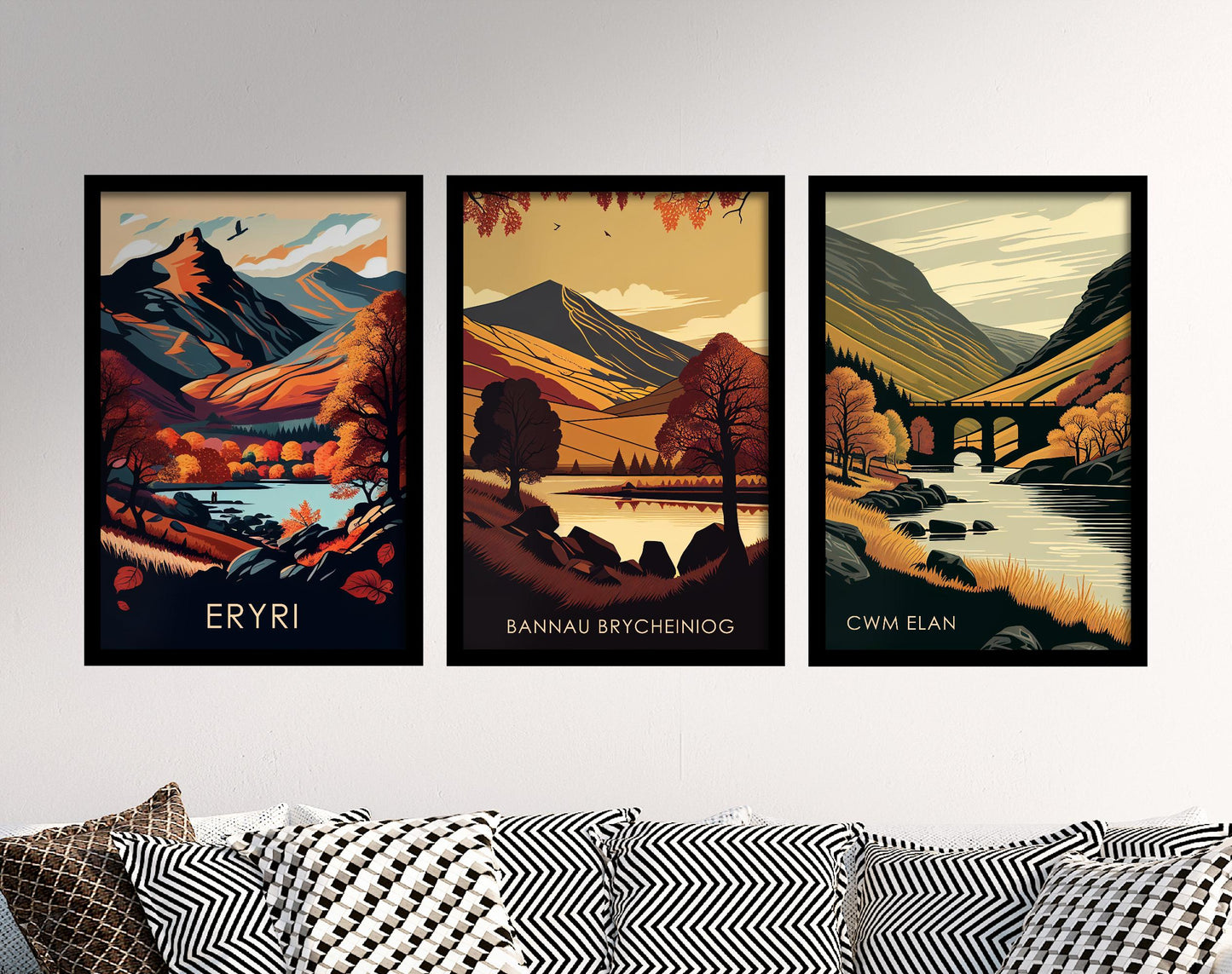 Set of Three Welsh Locations in Autumn Travel Posters (Welsh Names) - Set of 3 Bannau Brycheiniog, Cwm Elan, Eryri Vector Paintings Wall Art