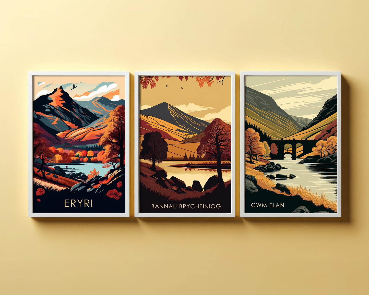 Set of Three Welsh Locations in Autumn Travel Posters (Welsh Names) - Set of 3 Bannau Brycheiniog, Cwm Elan, Eryri Vector Paintings Wall Art