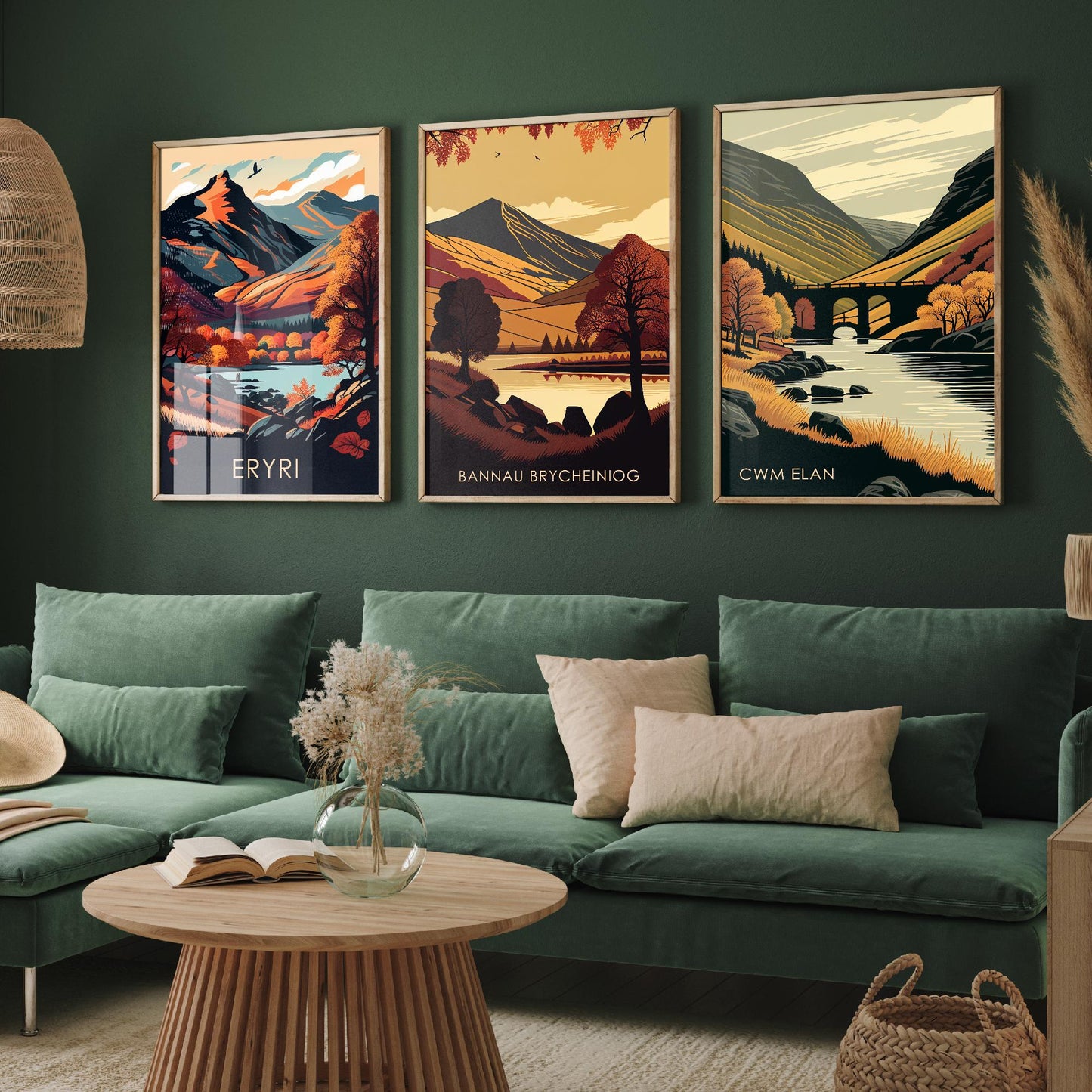Set of Three Welsh Locations in Autumn Travel Posters (Welsh Names) - Set of 3 Bannau Brycheiniog, Cwm Elan, Eryri Vector Paintings Wall Art