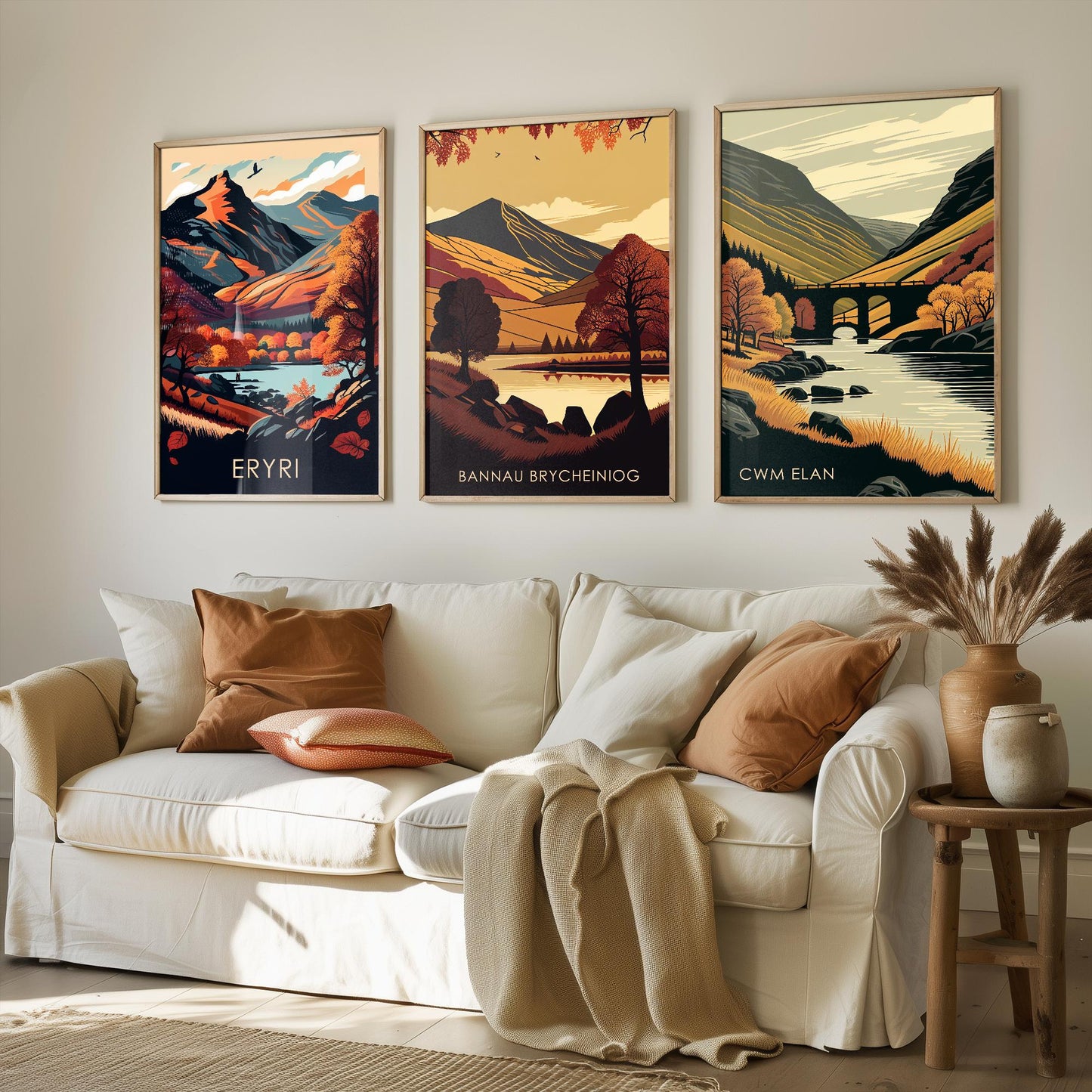Set of Three Welsh Locations in Autumn Travel Posters (Welsh Names) - Set of 3 Bannau Brycheiniog, Cwm Elan, Eryri Vector Paintings Wall Art