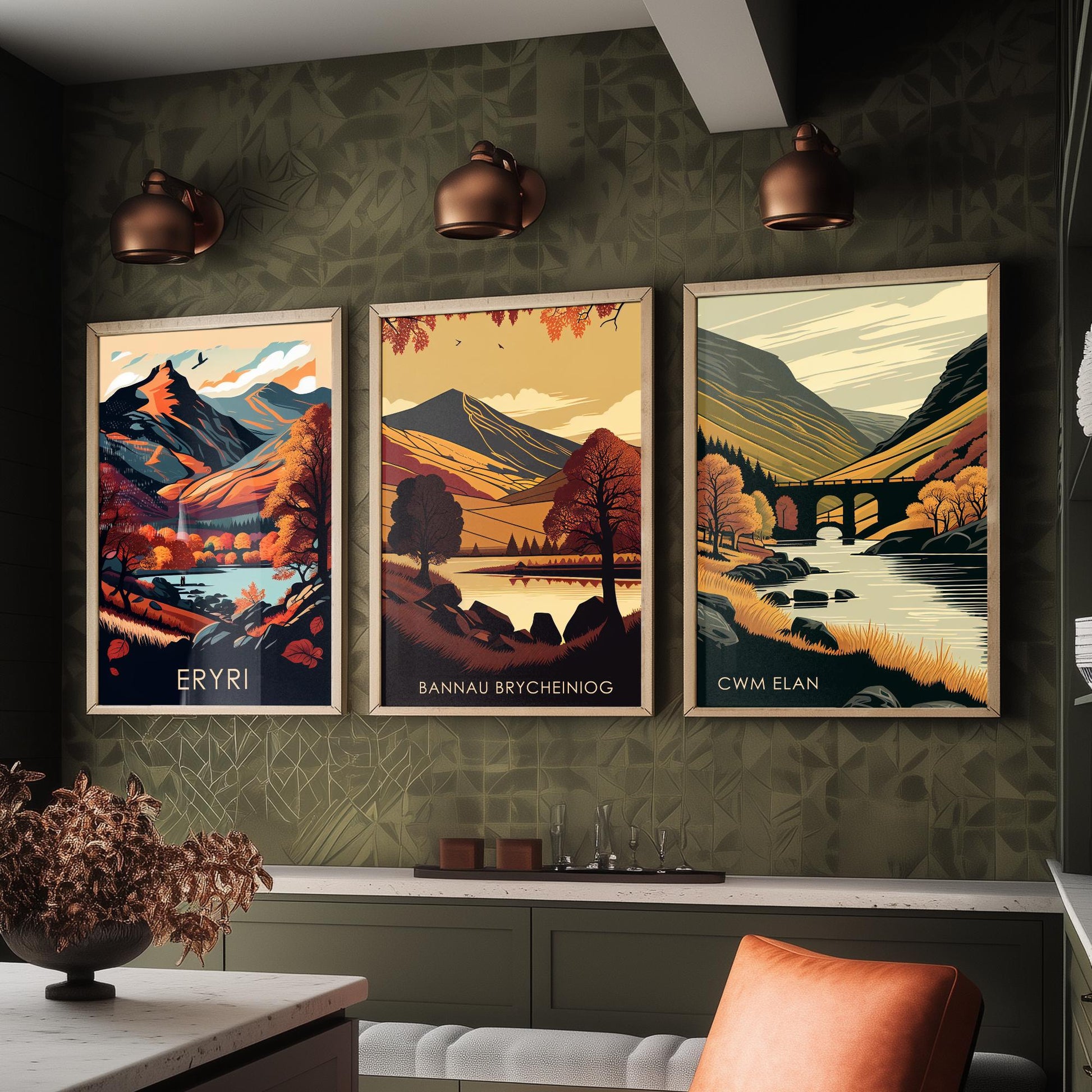 Autumn in Wales Set of Three Art Prints - Eryri, Bannau Brycheiniog, Cwm Elan - 3 Welsh Landscape Posters - Fall Illustration