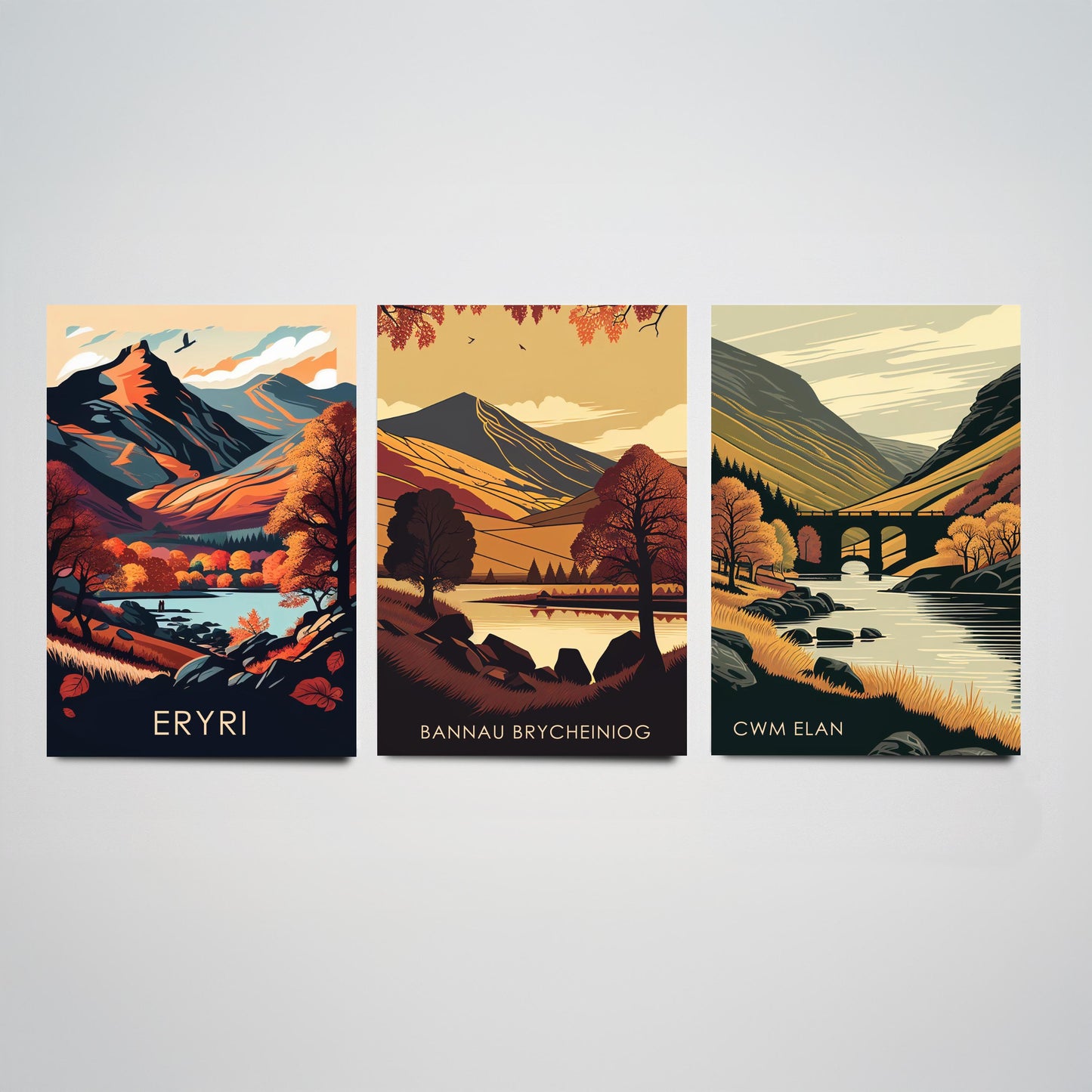 Autumn in Wales Set of Three Art Prints - Eryri, Bannau Brycheiniog, Cwm Elan - 3 Welsh Landscape Posters - Fall Illustration
