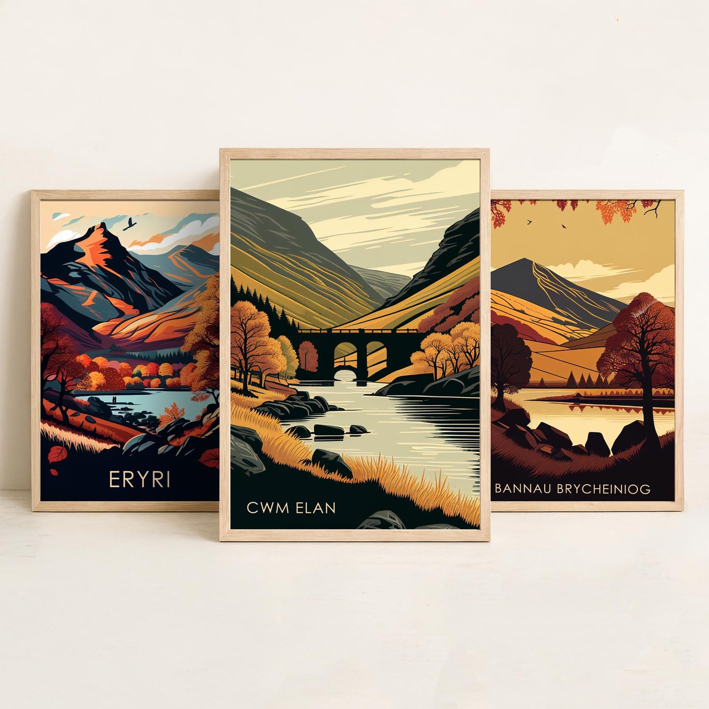 Autumn in Wales Set of Three Art Prints - Eryri, Bannau Brycheiniog, Cwm Elan - 3 Welsh Landscape Posters - Fall Illustration
