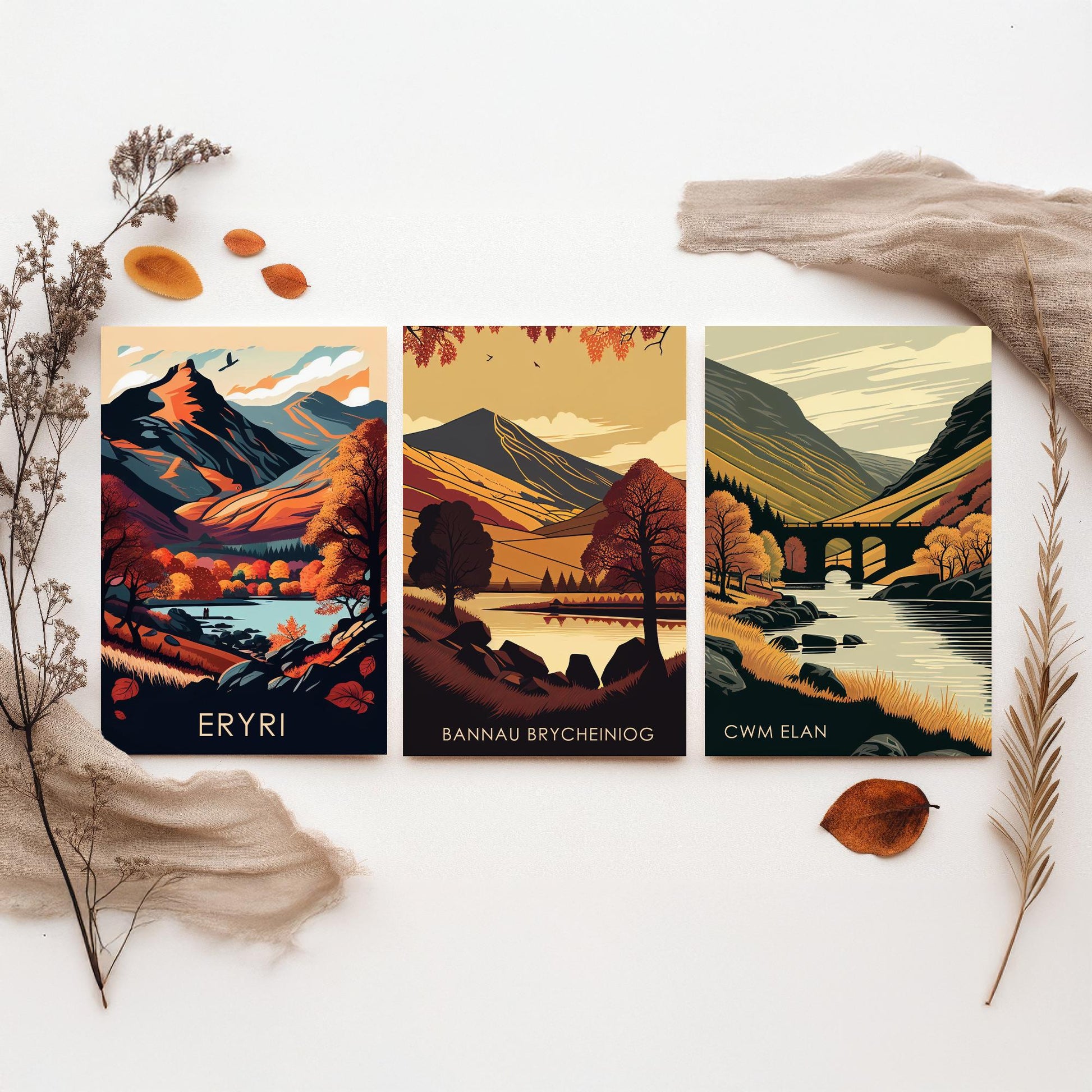 Autumn in Wales Set of Three Art Prints - Eryri, Bannau Brycheiniog, Cwm Elan - 3 Welsh Landscape Posters - Fall Illustration