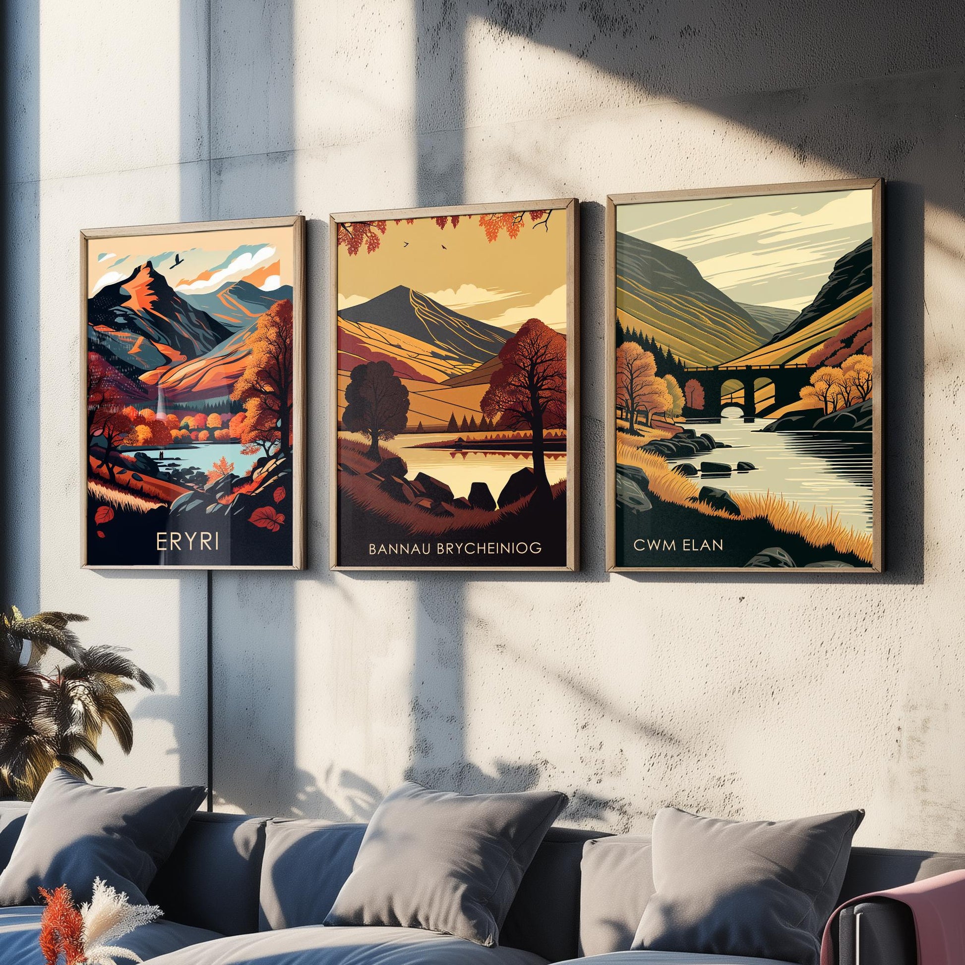 Autumn in Wales Set of Three Art Prints - Eryri, Bannau Brycheiniog, Cwm Elan - 3 Welsh Landscape Posters - Fall Illustration