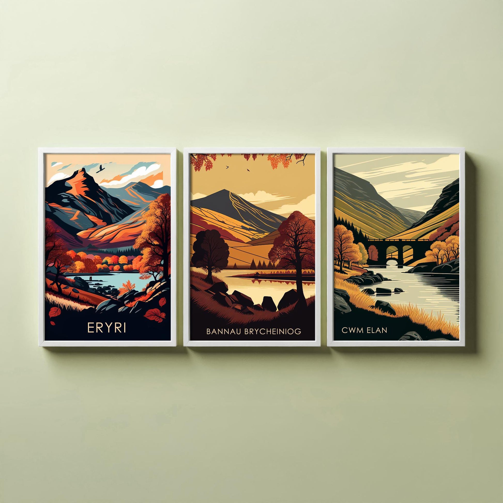 Autumn in Wales Set of Three Art Prints - Eryri, Bannau Brycheiniog, Cwm Elan - 3 Welsh Landscape Posters - Fall Illustration