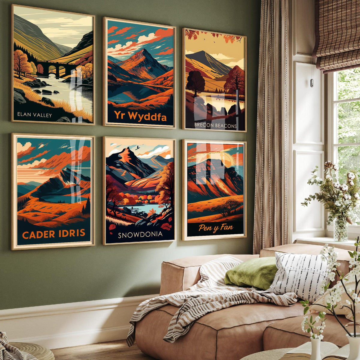 Set of Six Autumn Wales Travel Posters - 6 Retro Art Prints - Elan Valley, Yr Wyddfa, Brecon Beacons, Cader Idris, Pen y Fan Illustration