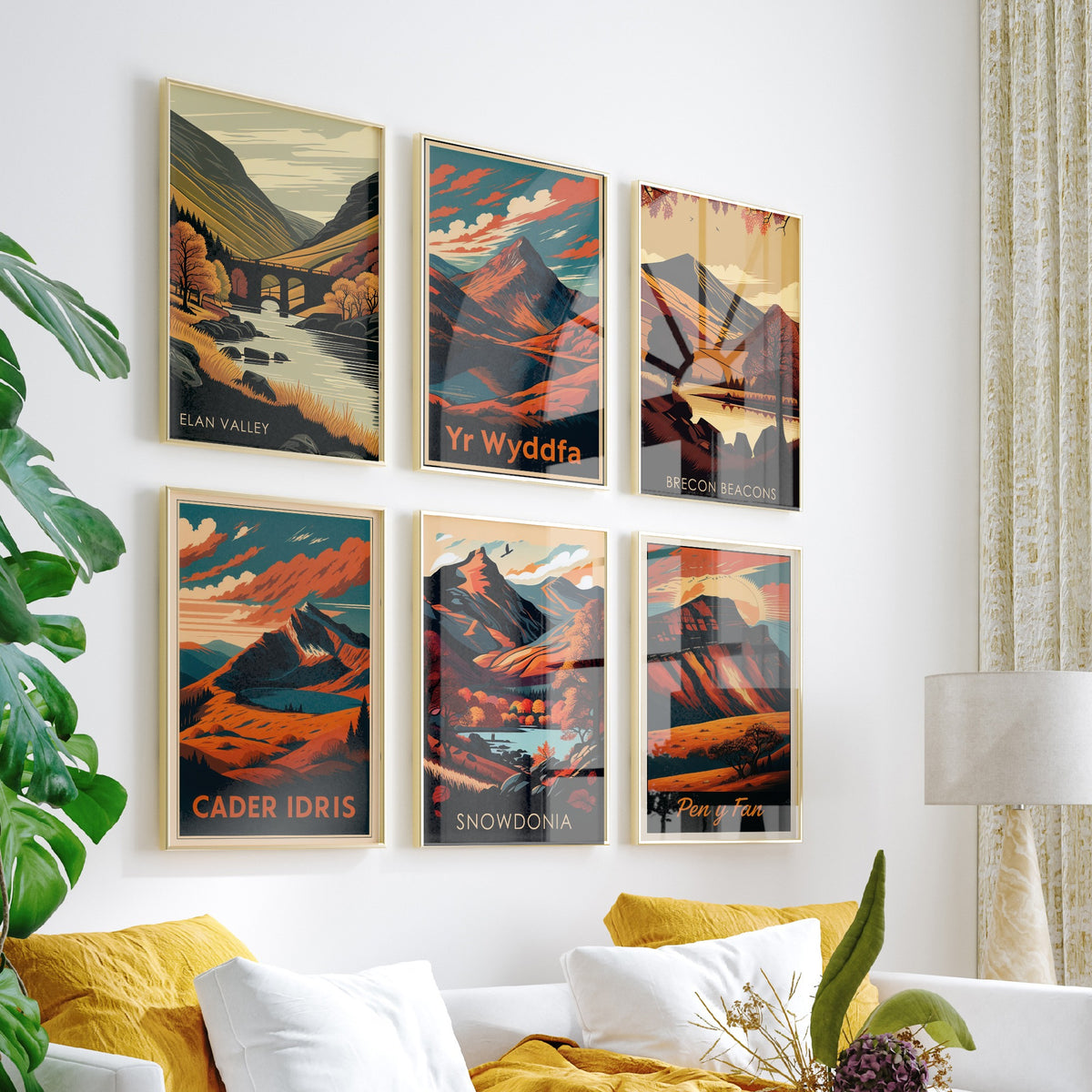 Set of Six Autumn Wales Travel Posters - 6 Retro Art Prints - Elan Valley, Yr Wyddfa, Brecon Beacons, Cader Idris, Pen y Fan Illustration