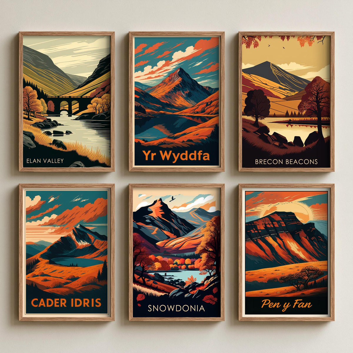 Set of Six Autumn Wales Travel Posters - 6 Retro Art Prints - Elan Valley, Yr Wyddfa, Brecon Beacons, Cader Idris, Pen y Fan Illustration