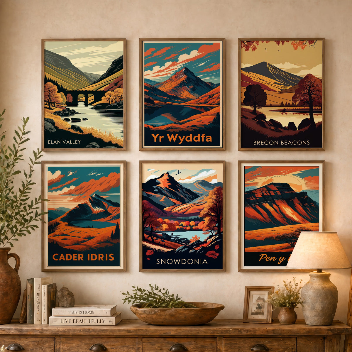Set of Six Autumn Wales Travel Posters - 6 Retro Art Prints - Elan Valley, Yr Wyddfa, Brecon Beacons, Cader Idris, Pen y Fan Illustration