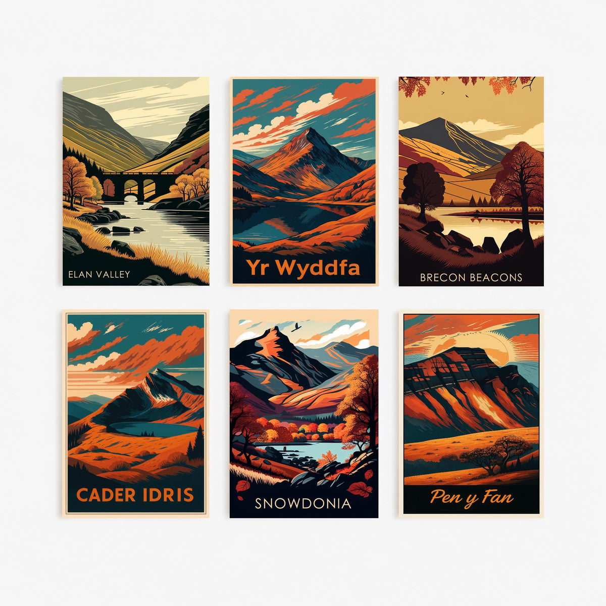 Set of Six Autumn Wales Travel Posters - 6 Retro Art Prints - Elan Valley, Yr Wyddfa, Brecon Beacons, Cader Idris, Pen y Fan Illustration