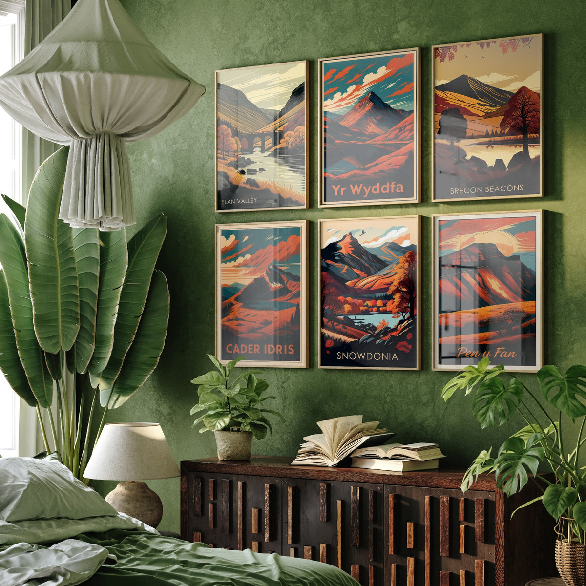 Set of Six Autumn Wales Travel Posters - 6 Retro Art Prints - Elan Valley, Yr Wyddfa, Brecon Beacons, Cader Idris, Pen y Fan Illustration