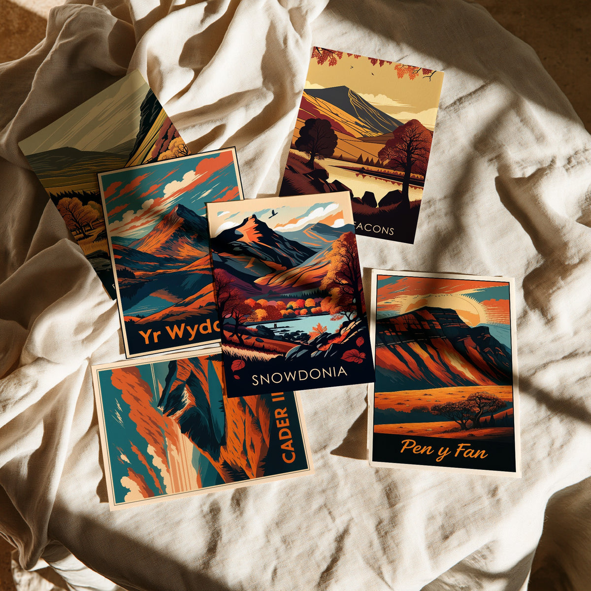 Set of Six Autumn Wales Travel Posters - 6 Retro Art Prints - Elan Valley, Yr Wyddfa, Brecon Beacons, Cader Idris, Pen y Fan Illustration