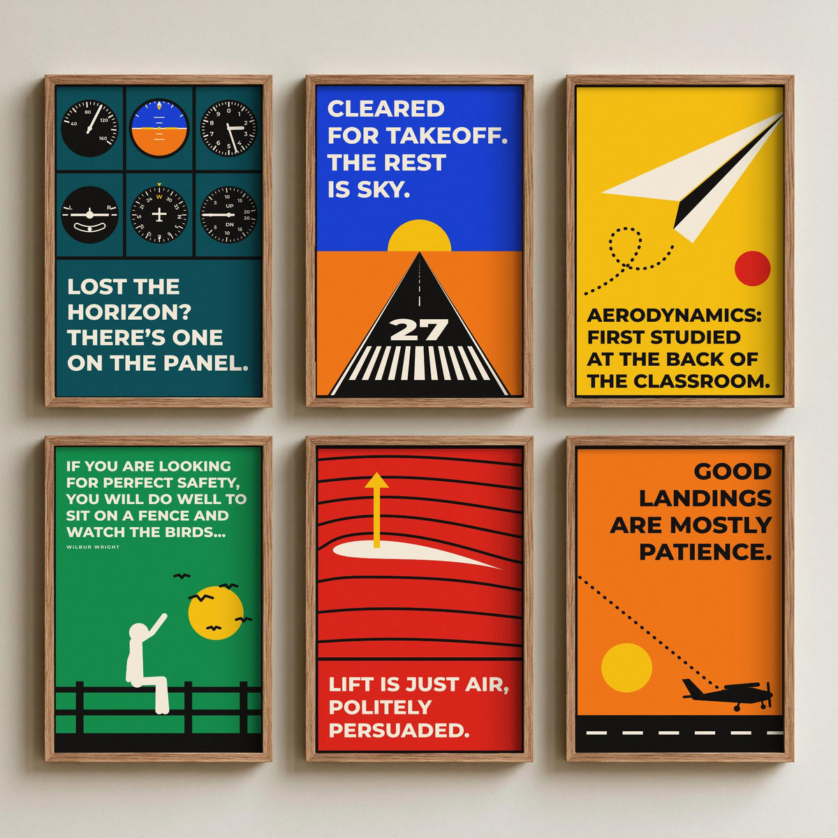 Set of Six Aviation Quote Art Prints - 6 Bauhaus Pilot Posters - Minimalist Travel Illustration - Cockpit, Runway, Paper Plane