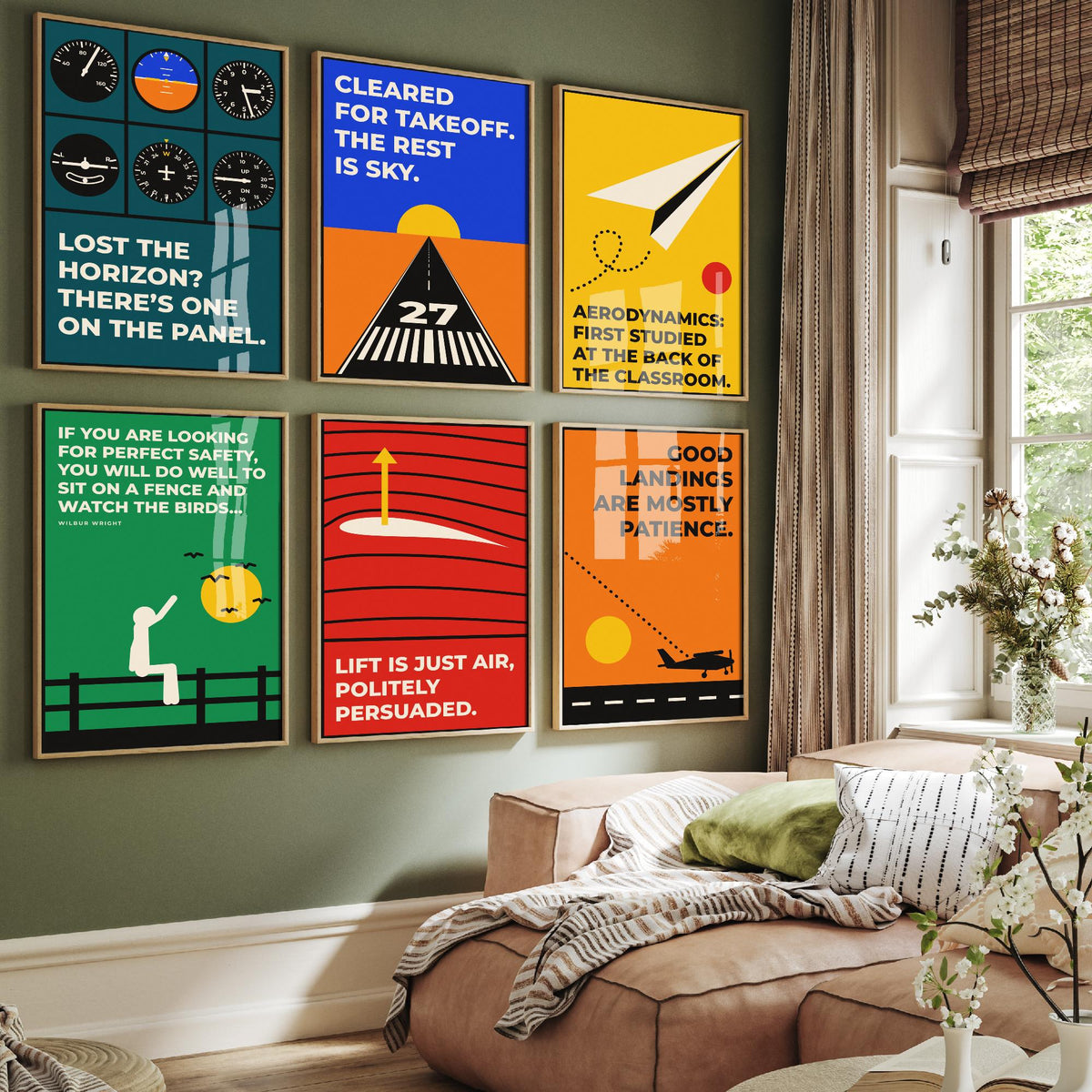 Set of Six Aviation Quote Art Prints - 6 Bauhaus Pilot Posters - Minimalist Travel Illustration - Cockpit, Runway, Paper Plane