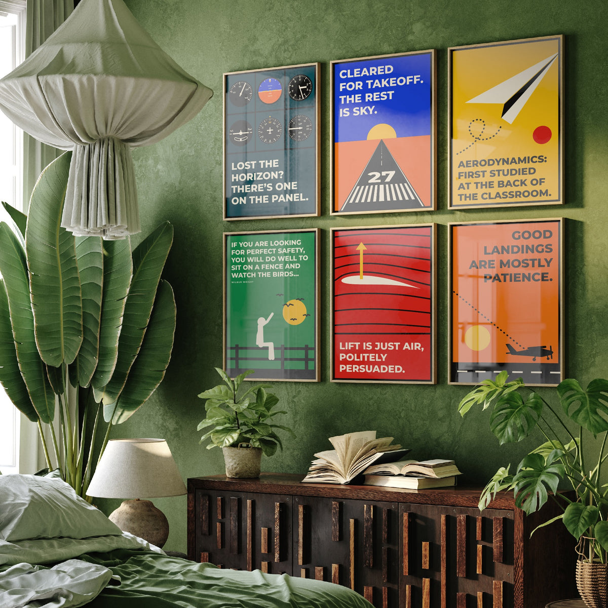 Set of Six Aviation Quote Art Prints - 6 Bauhaus Pilot Posters - Minimalist Travel Illustration - Cockpit, Runway, Paper Plane