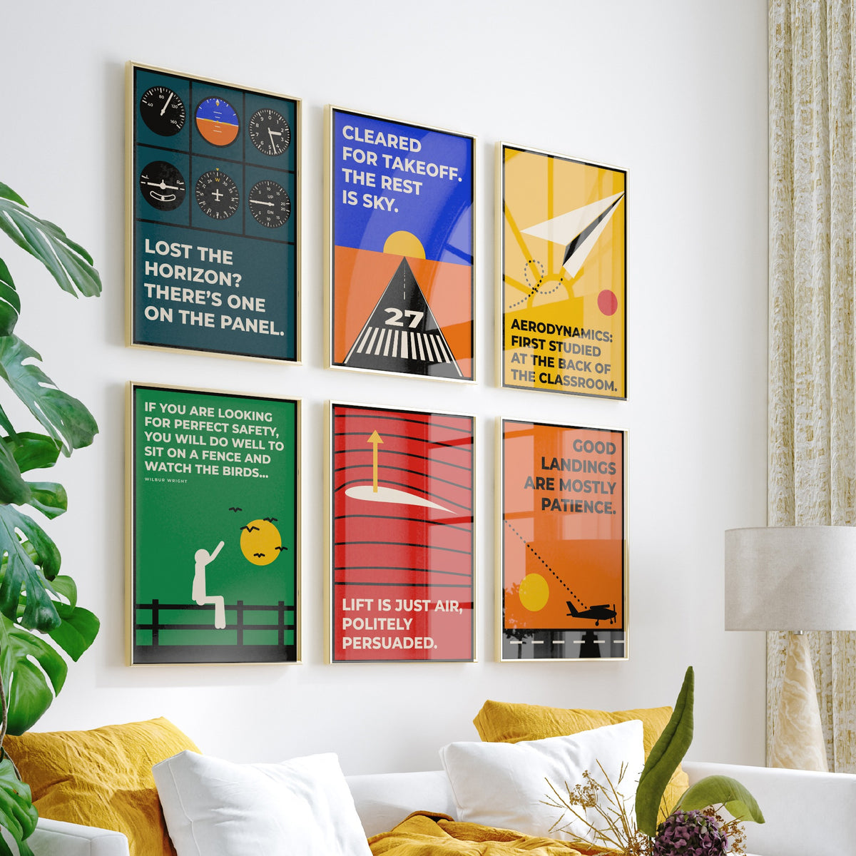 Set of Six Aviation Quote Art Prints - 6 Bauhaus Pilot Posters - Minimalist Travel Illustration - Cockpit, Runway, Paper Plane