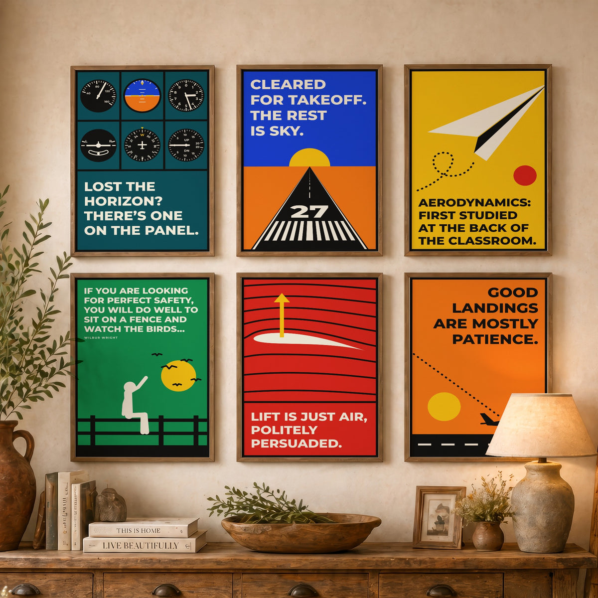 Set of Six Aviation Quote Art Prints - 6 Bauhaus Pilot Posters - Minimalist Travel Illustration - Cockpit, Runway, Paper Plane