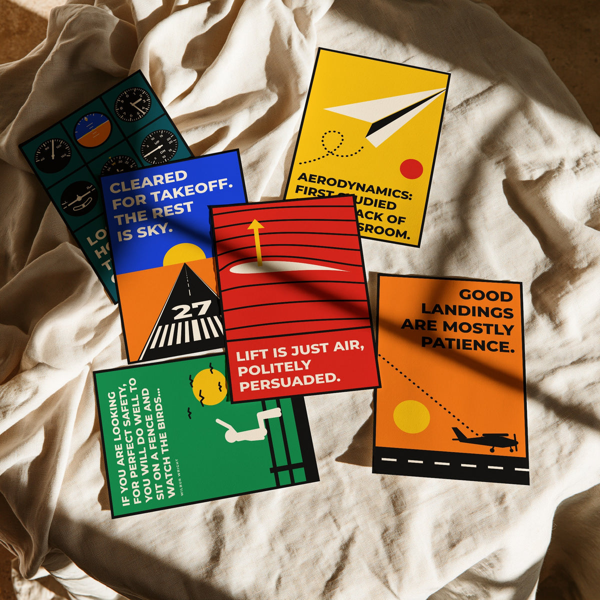 Set of Six Aviation Quote Art Prints - 6 Bauhaus Pilot Posters - Minimalist Travel Illustration - Cockpit, Runway, Paper Plane