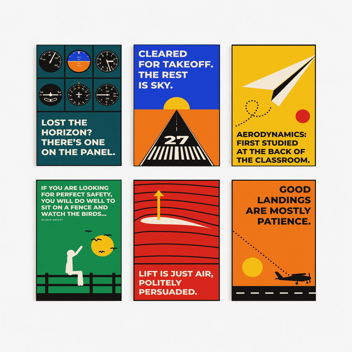 Set of Six Aviation Quote Art Prints - 6 Bauhaus Pilot Posters - Minimalist Travel Illustration - Cockpit, Runway, Paper Plane