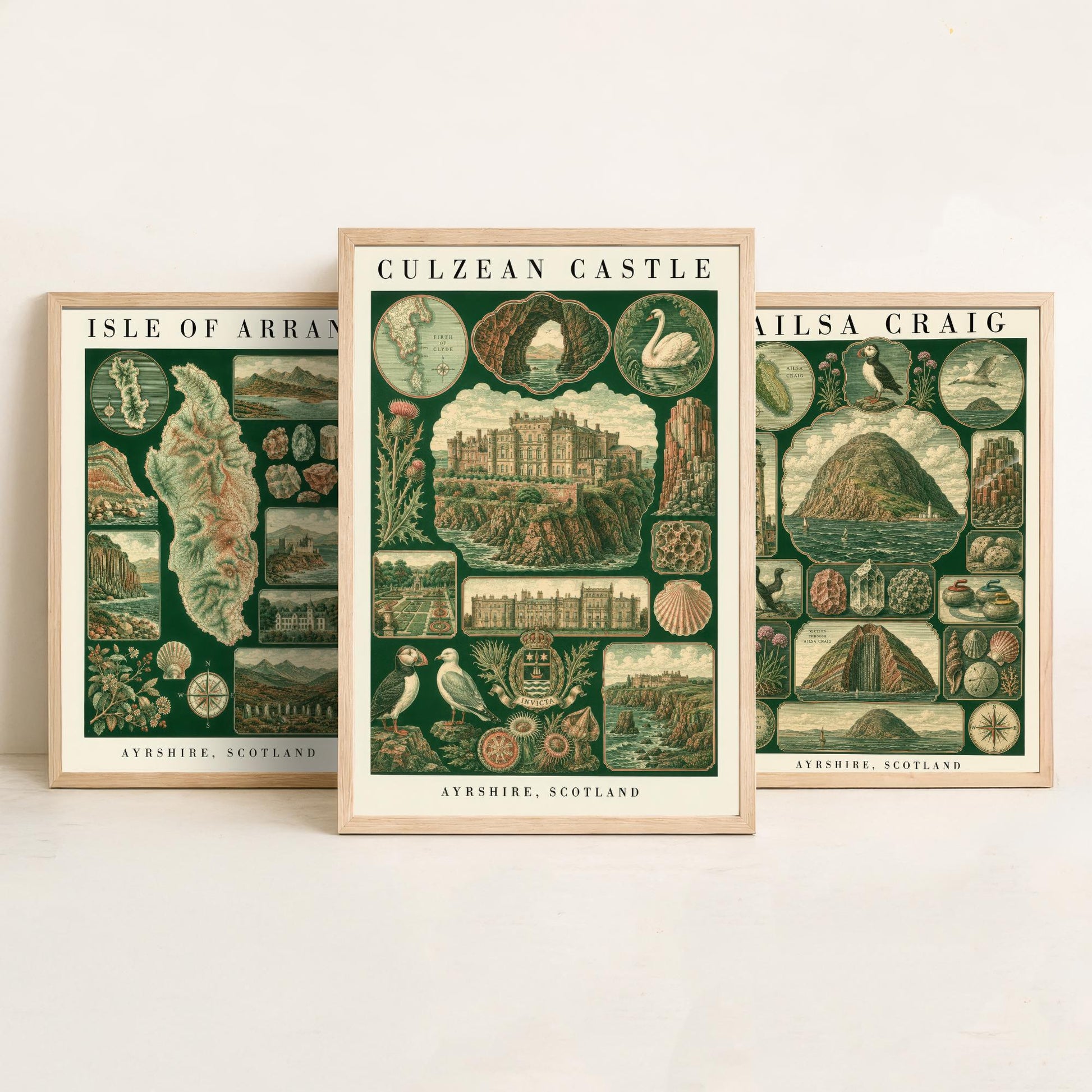 Ayrshire Scotland Set of Three Art Prints - Isle of Arran, Ailsa Craig, Culzean Castle - Vintage Natural History Chart Posters - Drawing