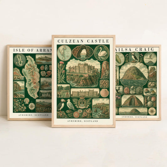 Ayrshire Scotland Set of Three Art Prints - Isle of Arran, Ailsa Craig, Culzean Castle - Vintage Natural History Chart Posters - Drawing