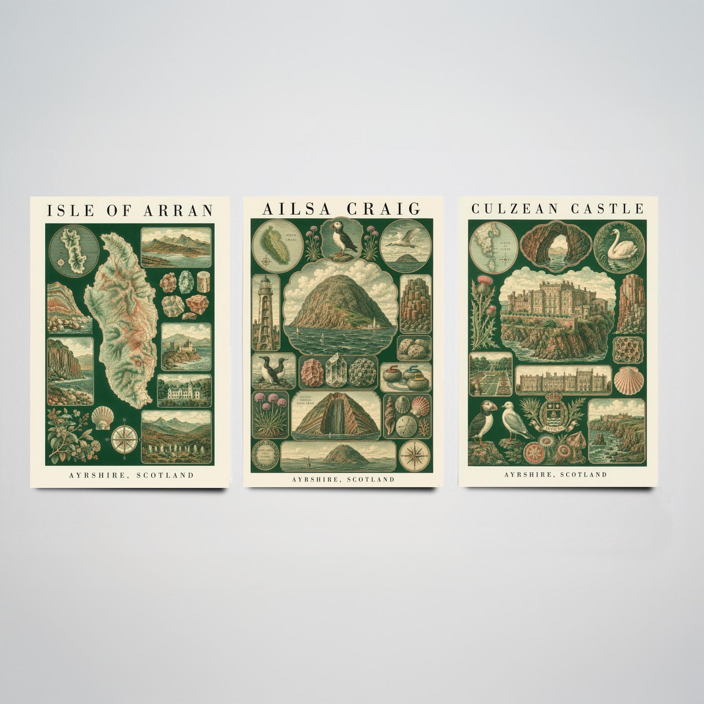 Ayrshire Scotland Set of Three Art Prints - Isle of Arran, Ailsa Craig, Culzean Castle - Vintage Natural History Chart Posters - Drawing