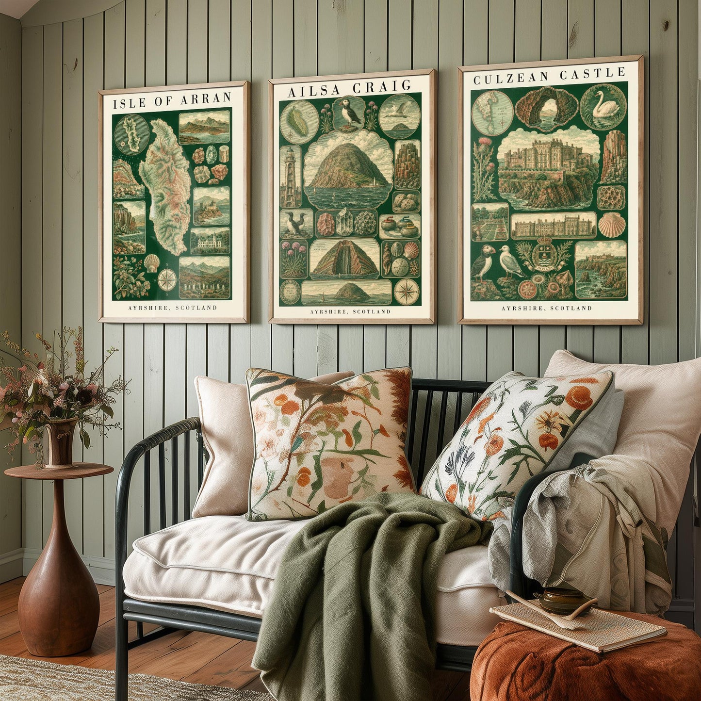 Ayrshire Scotland Set of Three Art Prints - Isle of Arran, Ailsa Craig, Culzean Castle - Vintage Natural History Chart Posters - Drawing