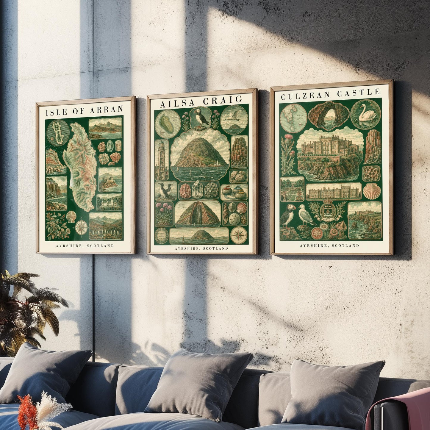 Ayrshire Scotland Set of Three Art Prints - Isle of Arran, Ailsa Craig, Culzean Castle - Vintage Natural History Chart Posters - Drawing