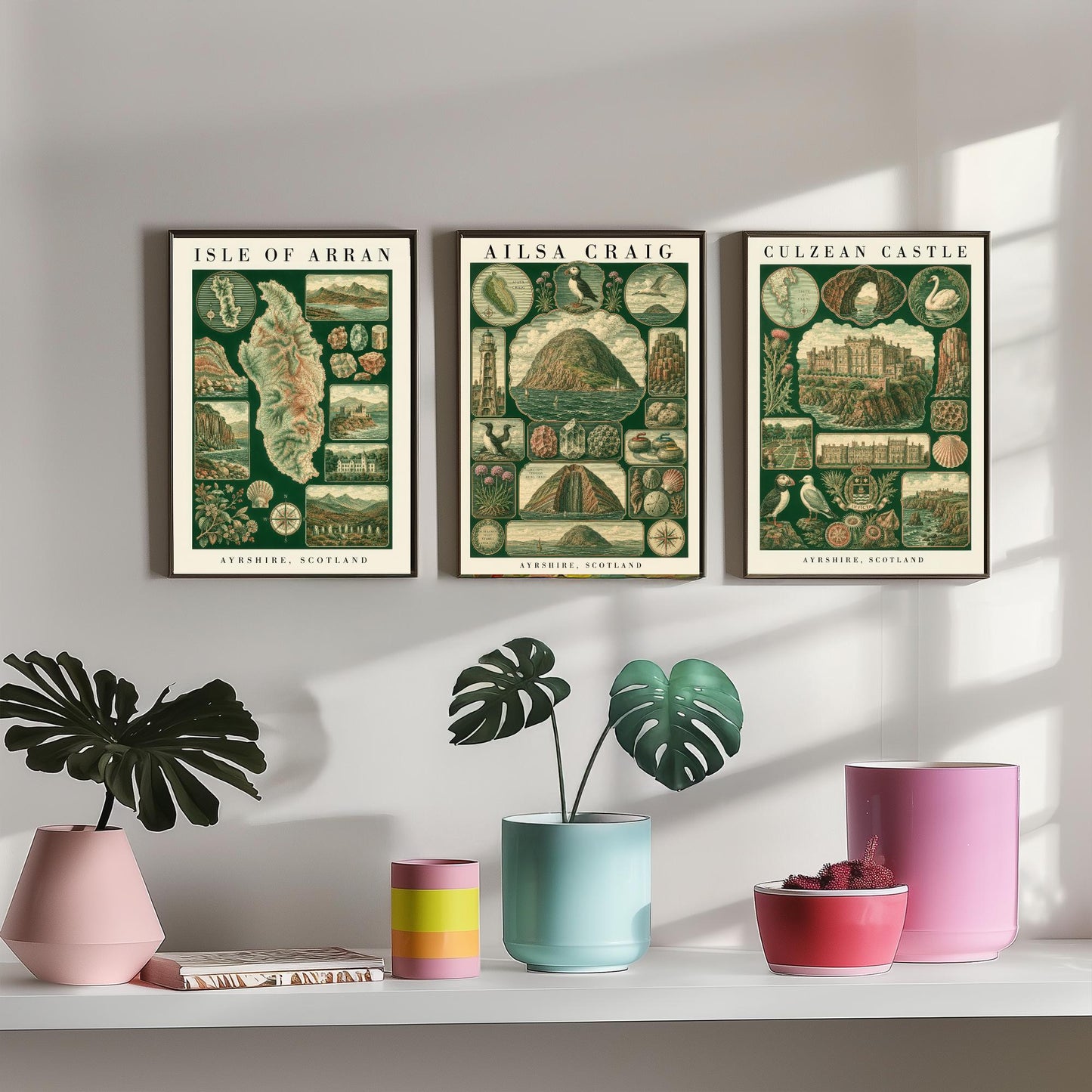 Ayrshire Scotland Set of Three Art Prints - Isle of Arran, Ailsa Craig, Culzean Castle - Vintage Natural History Chart Posters - Drawing