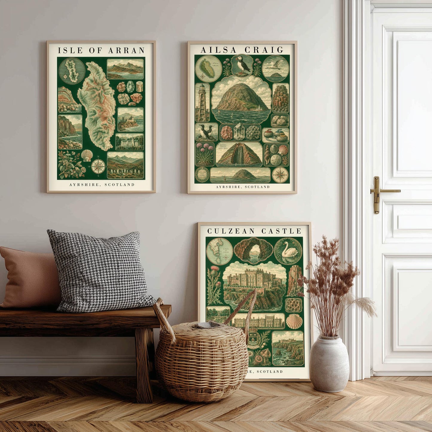 Ayrshire Scotland Set of Three Art Prints - Isle of Arran, Ailsa Craig, Culzean Castle - Vintage Natural History Chart Posters - Drawing