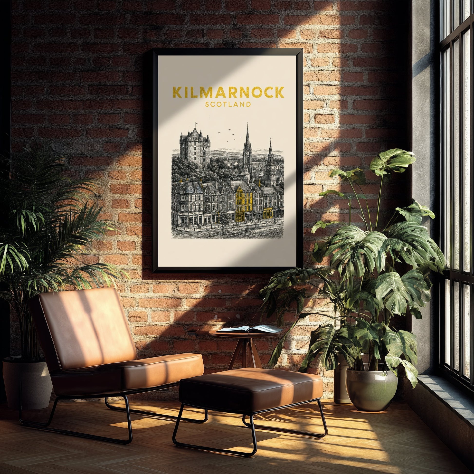 Kilmarnock Scotland Travel Poster - Vintage Duotone Art Print - Engraved City Illustration - Dean Castle Town 1/3