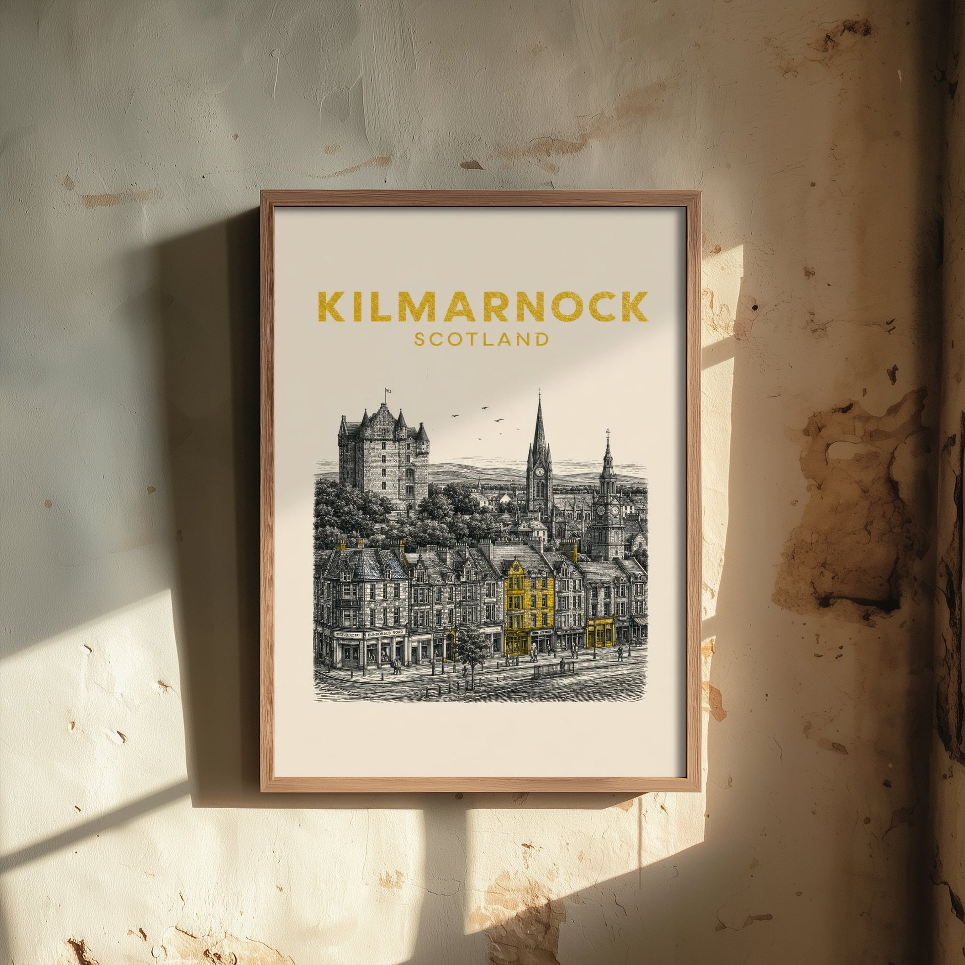 Kilmarnock Scotland Travel Poster - Vintage Duotone Art Print - Engraved City Illustration - Dean Castle Town 1/3
