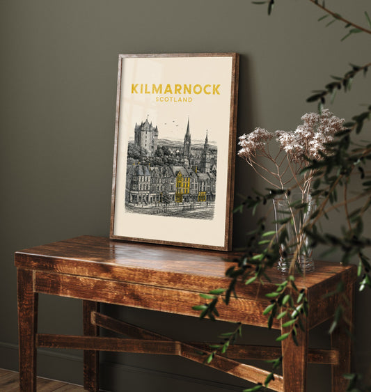 Kilmarnock Scotland Travel Poster - Vintage Duotone Art Print - Engraved City Illustration - Dean Castle Town 1/3