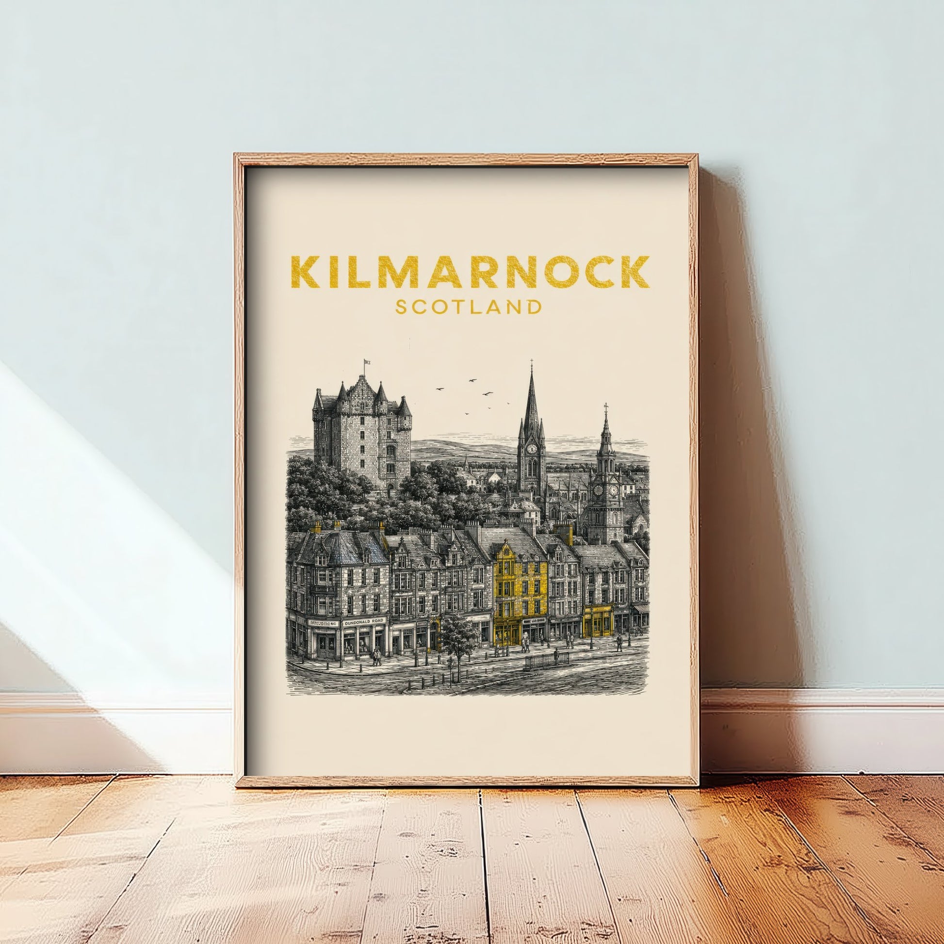 Kilmarnock Scotland Travel Poster - Vintage Duotone Art Print - Engraved City Illustration - Dean Castle Town 1/3