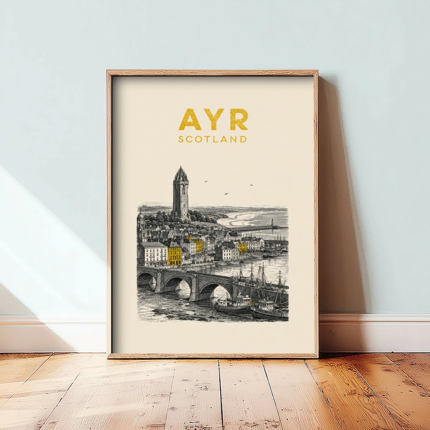 Ayr Scotland Travel Poster - Vintage Duotone Art Print - Engraved City Illustration - Wallace Tower and Harbour 2/3
