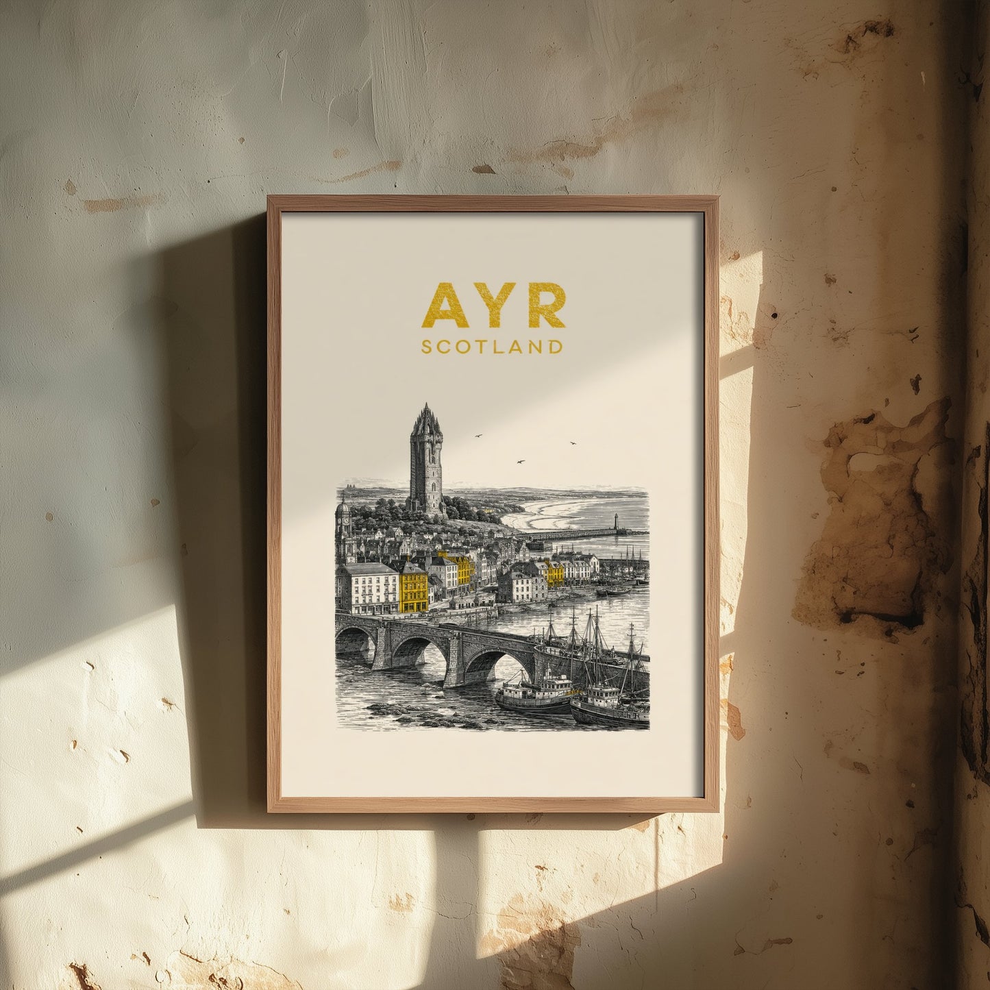 Ayr Scotland Travel Poster - Vintage Duotone Art Print - Engraved City Illustration - Wallace Tower and Harbour 2/3